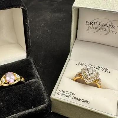 14kt Gold Plated Sterling Silver & Diamond Ring, Gold Ring with Purple and Clear Stones