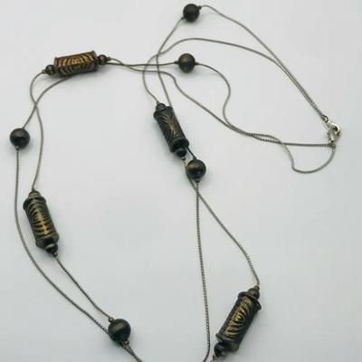 Boho Brass Bead Necklace Double Strand Herringbone Chain Necklace 28” Vintage