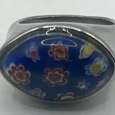 Blue Murano Art Glass Cocktail Ring Size 7