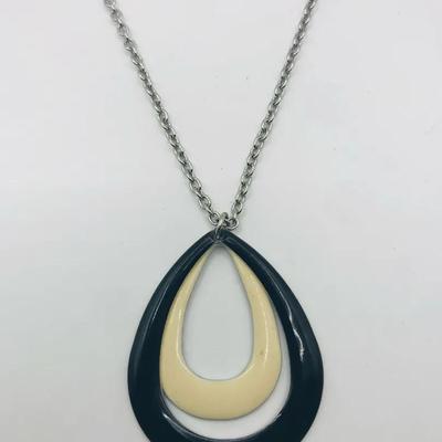 Silver Tone Necklace With A Black And Cream Enamel Pendant 18”