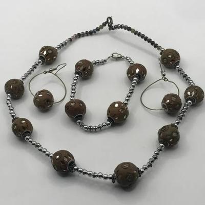 Brown Mirrored Glass Beaded Necklace With Matching Earrings And Bracelet 
