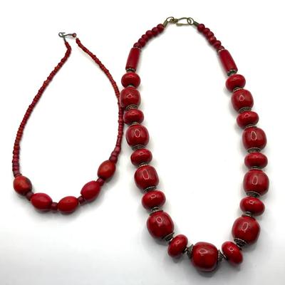 Beaded Necklace With Red Beads And Filigree Accents Vintage 