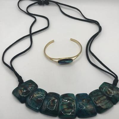 Necklace with Teal and Green Tagua Nut Beads and Coordinating Teal Green and Gold Tone Bracelet 