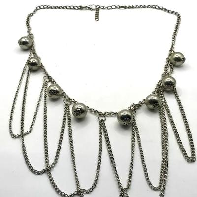 Silver Tone Chain Necklace With Ball Beads And Fringe Details