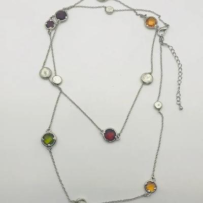 Multicolor Glass And Lucite Station Necklace With A Silver Tone Chain 32”