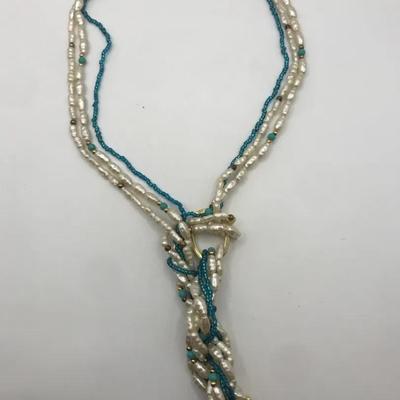 Multi-Strand Necklace Made of Freshwater Pearls and Turquoise Beads With Gold-Toned Accents