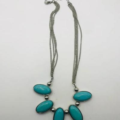 Turquoise Colored Beads On a Silver Tone Necklace 16”