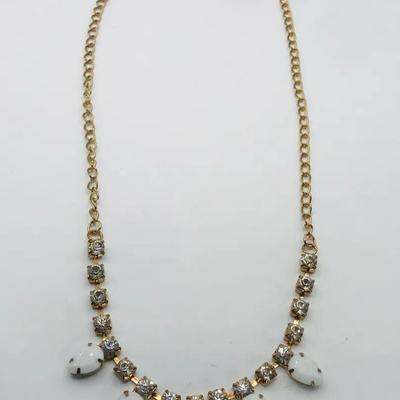 Gold Tone Statement Necklace Teardrop-Shaped White Beads 24”