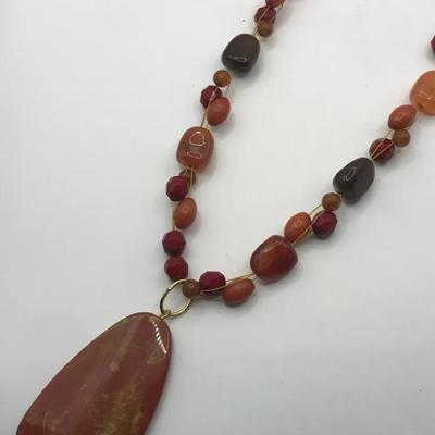 Beaded Necklace With a Red Creek Jasper Teardrop Pendant and Bonus Earrings 