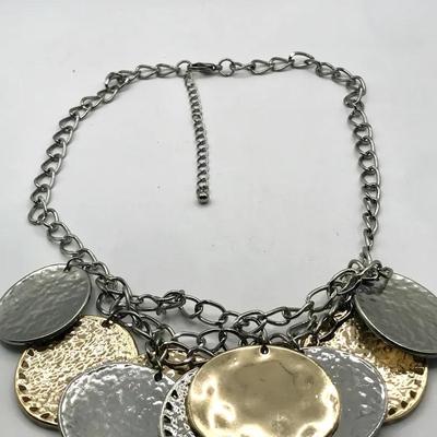 Statement Necklace Silver Tone Chain And Multiple Hammered Discs In Silver And Gold Tones