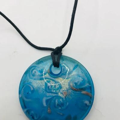 Blue Resin And Ceramic Pendant On Cord 20”