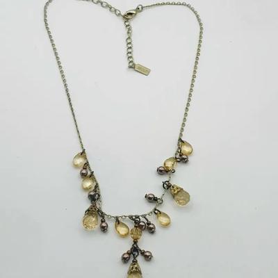 Gold Tone And Amber Colored Crystal Beaded Necklace Vintage 