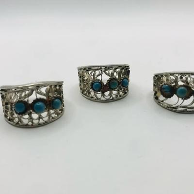 3 Western Style Silver Tone and Faux Turquoise Rings 
