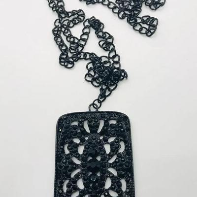 Black Chain Necklace With Large Jeweled Black Pendant 36” Vintage 