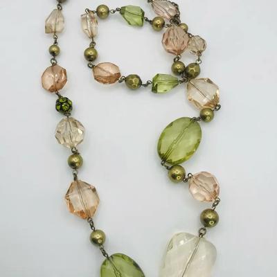 Premier Designs Beaded Necklace With Light Olive Green And Peach Colored Acrylic Beads 28” Vintage 