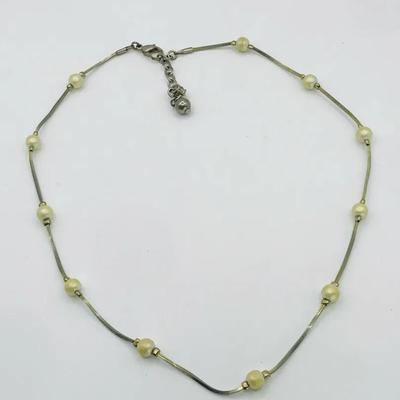Gold Tone Faux Pearl Chain Necklace 16” Vintage 