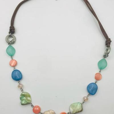 Multi-Colored Beaded Necklace With A Brown Cord And Silver Tone Clasp 21”