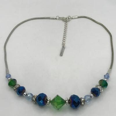 Blue And Green Faceted Glass Crystal Bead Necklace With A Silver Tone Chain 16” Vintage 