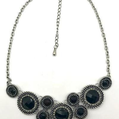 Silver Tone Bib Statement Necklace With Black Faceted Stones