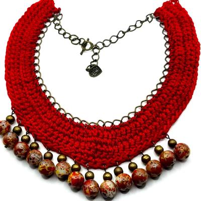 Red Knitted Chain Mail Style Statement Collar with Glass Beads 