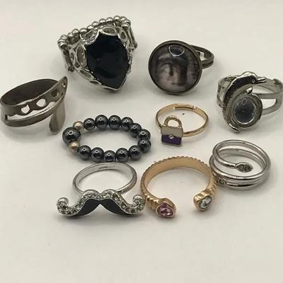 9pc Lot of Costume Rings in Many Fun Styles 