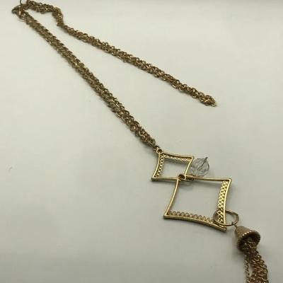 Gold Tone Metal Diamante Chain Pendant Necklace Vintage Style 