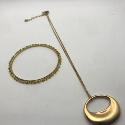 Gold Tone Bracelet And Necklace With Round Pendant 