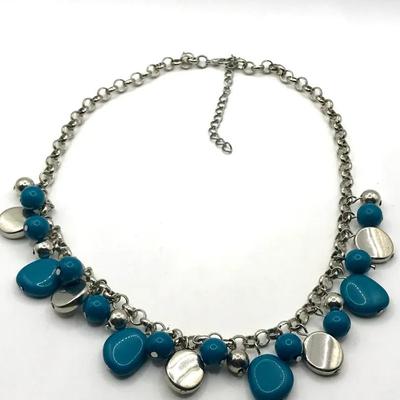 Silver-Tone Necklace With Turquoise Colored Beads 