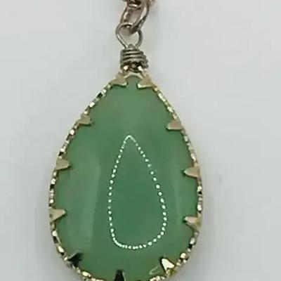 Green Jade or Jadeite Teardrop Pendant Necklace 16”