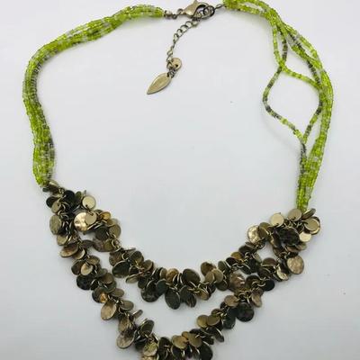 Coldwater Creek Green Seed And Hammered Metal Beaded Bib Necklace 16”