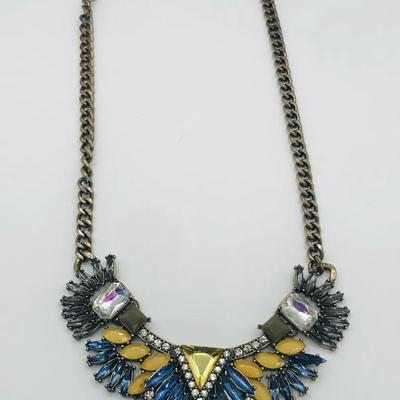 Statement Necklace With Blue, Clear, And Yellow Rhinestones Set In A Dark-Toned Metal 16” Vintage 