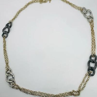 Gold-Tone and Rhinestone Necklace with Black and Silver Tone Feature Links 24″