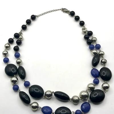 Multi Strand Beaded Necklace Large  Chunky Beads In Black Silver