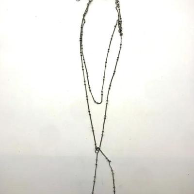 Long Rosary Bead Necklace With A Silver Metal Chain And Small Silver Fobs Vintage 