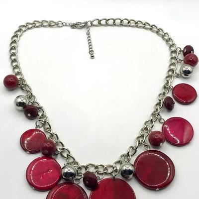 Statement Necklace With Red And Silver-Tone Beads And A Silver Tone Chain.