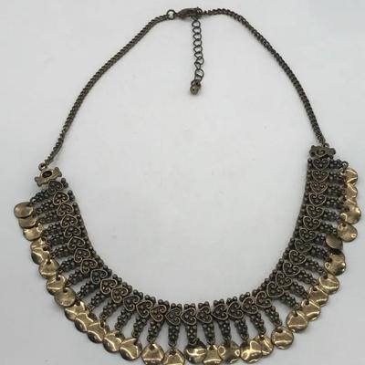 Tribal Bib Necklace With Dangling Brass Coins 14” Vintage 