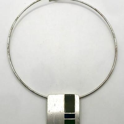 Givenchy Silver Tone Necklace With A Pendant Featuring Blue And Green Enamel Stripes Vintage 
