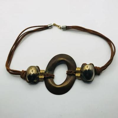 Polished Metal Circle Pendant Necklace With Beads On Cord 16”