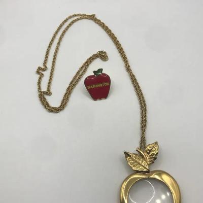 2 pc Apple Magnifying Necklace and Washington Apple Souvenir Pin 