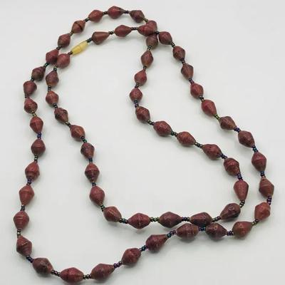 Beaded Necklace Made With Red Garnet Beads 36” Vintage 