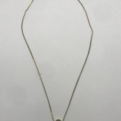 Gold Tone Necklace With A Small Oval Pendant Featuring An Etched F 14”