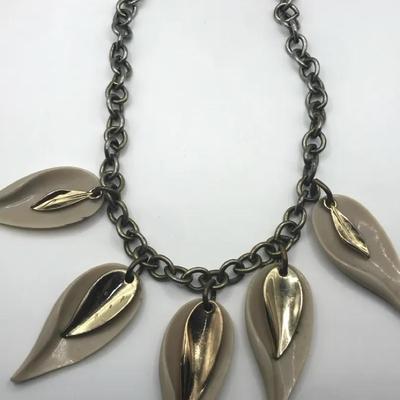 Necklace Five Leaf-Shaped Pendants Each With A Smaller Gold Toned Leaf On It - Vintage 