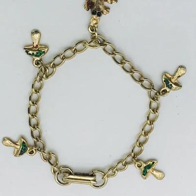 Gold-Tone Charm Bracelet With Mushroom And Frog Charms 6”
