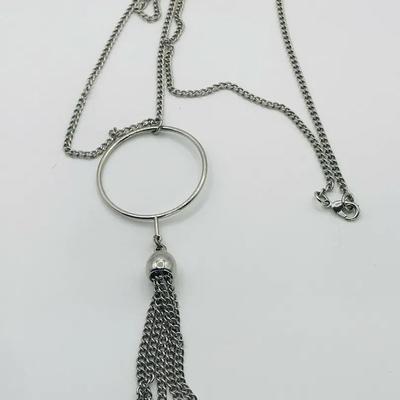 Silver Tone Long Chain Tassel Necklace With Circle Pendant 24”