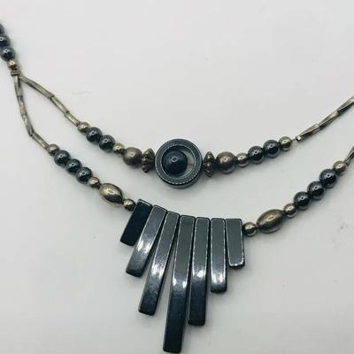 Hematite Beaded Necklace With A Fan-Shaped Pendant 16” Vintage 