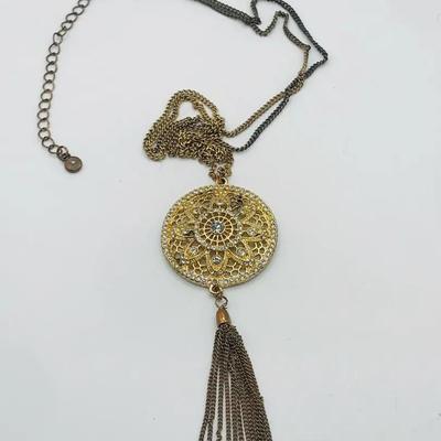 Gold Tone Tassel Necklace With Filigree And Crystal Pendant 26”