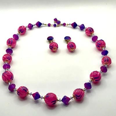 Necklace and Earring Set With Stunning Pink and Purple Beads