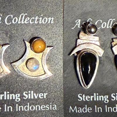 2 Pairs Of Sterling Silver Handmade Earrings - Onyx & Hematite And Baltic Amber & Moonstone - 20.11 Grams