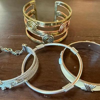 (4) Vintage Cuff & Bangle Bracelets - Monet Yellow Enamel & Silver Tone Cuff And Charriol Twist Multi Strand