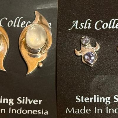 2 Pairs Of Sterling Silver Handmade Earrings - Quartz Cabochons And Faceted Tanzanite - 12.4 Grams